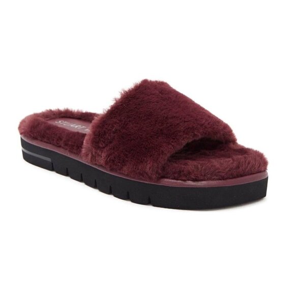 STUART WEITZMAN Sz 7 Elodie Chill Faux Fur Slide Sandal Cranberry - Picture 1 of 11